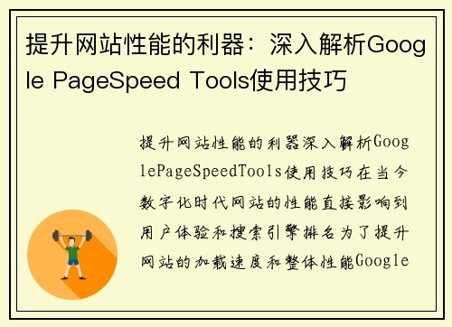 提升网站性能的利器：深入解析Google PageSpeed Tools使用技巧